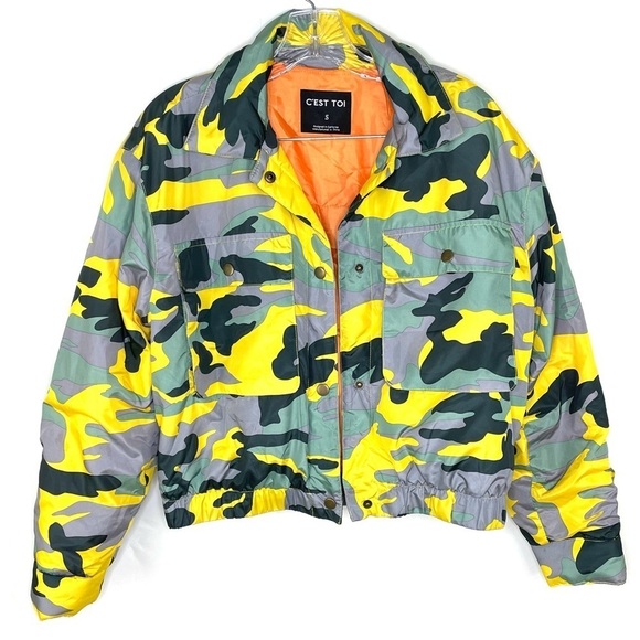 C’est Toi Jackets & Blazers - Cest Toi Yellow Camouflage Puffer Bomber Jacket S